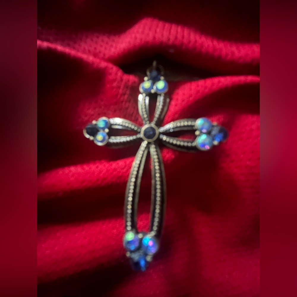KIS Forever Faithful Bronze Cross w/ Blue Crystal Accents on Chain Necklace NWT